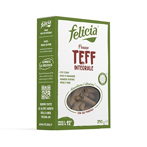 felicia , Penne Rigate di Teff Integrale, Pasta Biologica Ricca Fonte Fibre, Ferro, di Magnesio e di Fosforo, Conserva il Gusto Autentico della Cucina Etiope, Vegan, Confezione da 250 g