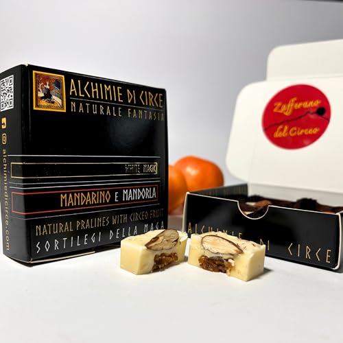 Generic Alchimie di Circe 12 Cioccolatini Bianchi Zafferano, Mandarino e Mandorla Delizie Gourmet con Frutta Biologica Cioccolato Artigianale in Elegante Confezione Regalo