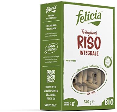 felicia , Tortiglioni di Riso Integrale, Pasta Ricca di Fibre e di Proteine e Nutrienti Utili al Buon Funzionamento dell'Organismo, Bio, Vegan, Confezione da 340 g