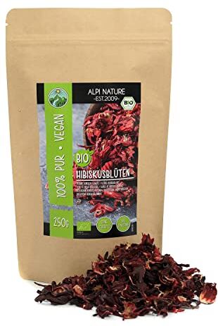 Alpi Nature Tè di ibisco biologico (250g), fiori di ibisco biologico, fiori di ibisco, tè di fiori di ibisco, essiccato delicatamente, da coltivazione biologica controllata, testato in laboratorio, vegano