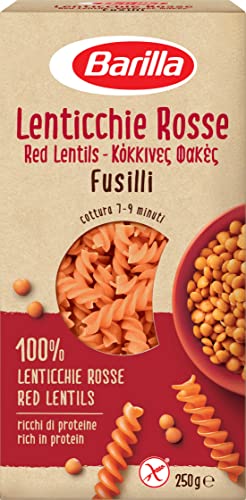 Barilla , Pasta Legumi, Fusilli di Lenticchie Rosse, Ricchi di Fibre e Proteine Senza Glutine Pacco da 250 gr