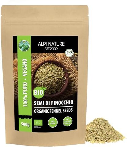 Alpi Nature Semi di finocchio bio interi (500g), finocchio crudo qualità da coltivazione biologica certificata, granella di finocchio senza glutine, senza lattosio, testato in laboratorio, vegano