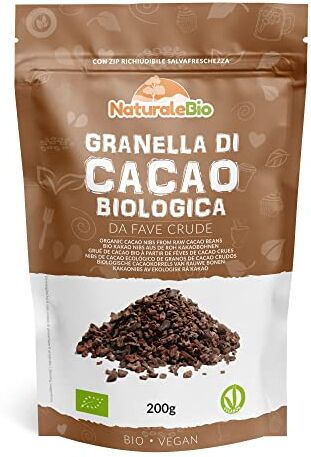 NaturaleBio Granella di Cacao Crudo Biologico da 200g. Bio, Naturale e Puro. Prodotto in Perù dalla Pianta Theobroma Cacao. Fonte di Magnesio, Potassio e Ferro.