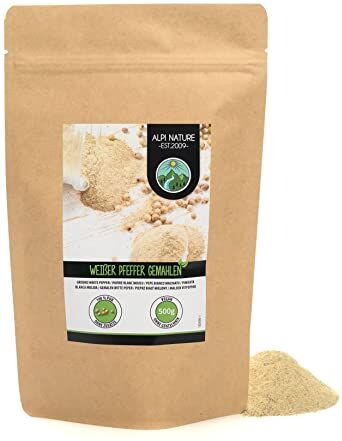 Alpi Nature Pepe bianco macinato (500g), pepe bianco naturale al 100%, senza additivi, vegano, pepe bianco in grani