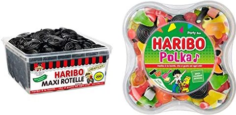 HARIBO Maxi Rotelle, Caramelle Gommose, Gusto Liquirizia, Ideali Per Feste E Dolci Momenti Di Relax & Polka Mix 500 g Party Box Caramelle Gommose alla Frutta e alla Liquirizia