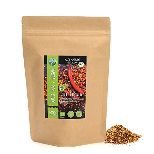 Alpi Nature Fiocchi di peperoncino biologico (500g), macinato di peperoncino biologico, baccelli di peperoncino piccante da coltivazione biologica controllata, fiocchi di peperoncino con semi