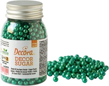 Decora 2081161 Confezione Da 100 G Perle Di Zucchero Verde Metallic 5 Mm, dai colori brillanti, da cospargere direttamente su torte, cupcakes e biscotti.