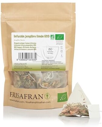 FRISAFRAN Infuso di Zenzero e Limone Biologico in Piramidi   30Uds   Anti infiammatorio   Antiossidante   Infuso Di Zenzero   Tisana Zenzero E Limone   Tisane Zenzero   Tisana Zenzero Limone