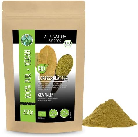 Alpi Nature Foglie di alloro bio macinate (250g), polvere di alloro bio, foglie di alloro bio essiccate, foglie di alloro da coltivazione biologica controllata, foglie di alloro 100% naturali, senza additivi