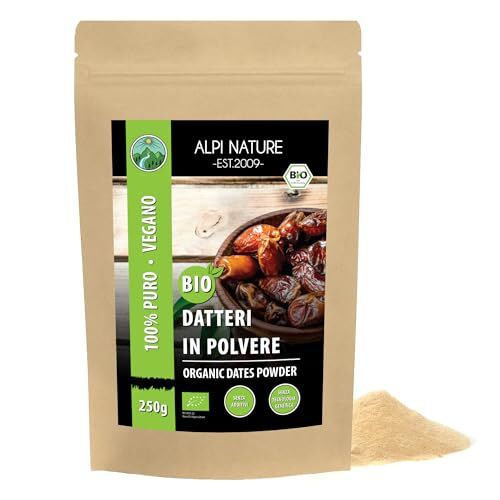 Alpi Nature Zucchero di datteri biologico (250g), polvere di datteri biologici da coltivazione biologica controllata, senza glutine, senza lattosio, datteri macinati, testato in laboratorio, vegano