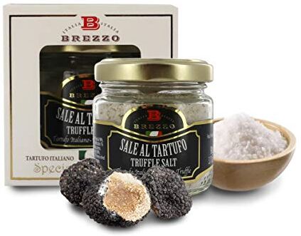 Brezzo Sale Al Tartufo, Pregiato Sale di Guérande Aromatizzato Con Tartufo Nero Estivo Italiano, Vasetto Da 90 Grammi