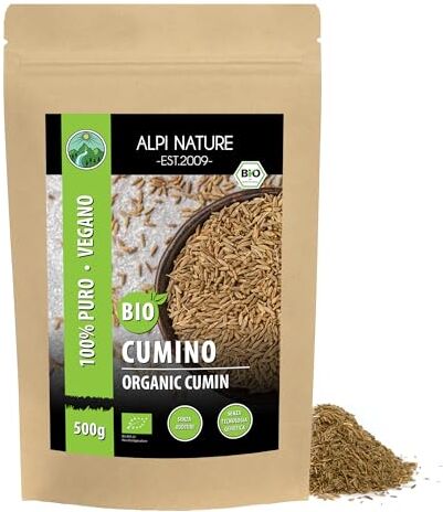 Alpi Nature Cumino biologico intero (500g), semi di cumino crudo da coltivazione biologica certificata, semi di cumino vegani senza glutine, senza lattosio, testati in laboratorio