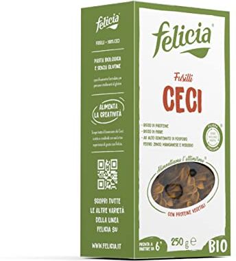 felicia , Fusilli di Ceci Bio, Pasta Biologica Ricca di Proteine, di Fibre e Sali Minerali, Alto Contenuto di Forsforo, Ferro e Zinco, Confezione da 250 g