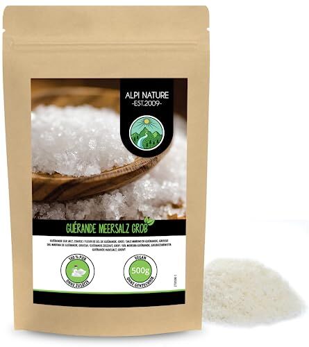 Alpi Nature Fleur de Sel de Guérande (500g), sale marino Fleur de Sel dalla Bretagna, sale di qualità, sale gourmet dalla Francia, 100% naturale e senza additivi