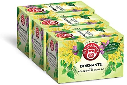 Pompadour , Tisana Drenante Plus con Equiseto e Betulla, 54 Filtri (3 Confezioni da 18 Filtri), Favorisce la Diuresi ed Eliminazione dei Liquidi in Eccesso, Senza Lattosio, Glutine e Allergeni, Vegan