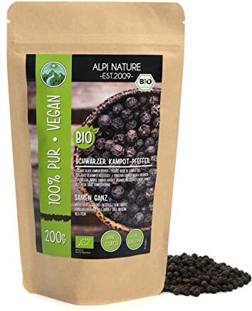 Alpi Nature Pepe nero di Kampot biologico (200g), grani di pepe nero di Kampot da coltivazione biologica controllata, testato in laboratorio, puro al 100% e naturale