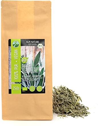 Alpi Nature Tè alla salvia biologica (250g), foglie di salvia bio tagliate, foglie di salvia da coltivazione biologica controllata, essiccate delicatamente, pura e naturale al 100%