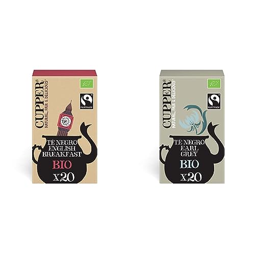 CUPPER Tè Nero English Breakfast Biologico Fairtrade, Tè Ceylon, Confezione da 20 Bustine e  Tè Nero Earl Grey Biologico e Fairtrade, Confezione da 20 Bustine