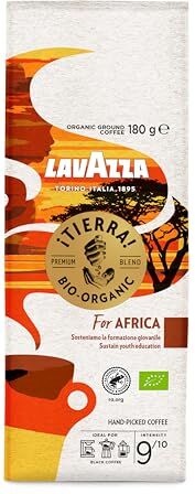 Lavazza , ¡Tierra! For Africa, Caffè Macinato, 6 Confezioni da 180 g, Ideale per Moka, con Note di Cioccolata e Frutta Secca, Caffè Biologico Arabica e Robusta Raccolto a Mano, Tostatura Media