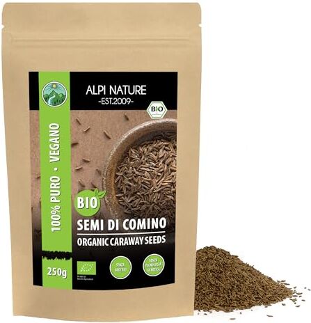 Alpi Nature Cumino biologico intero (250g), Semi carvi biologico, da coltivazione biologica controllata, semi di cumino senza glutine, senza lattosio, testati in laboratorio, vegani