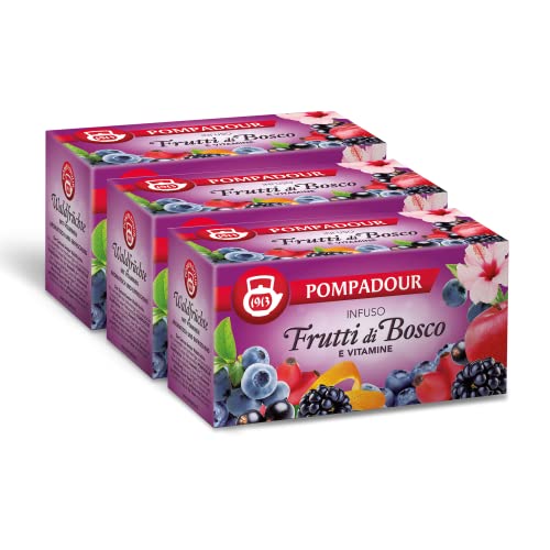 Pompadour , Infuso Frutti di Bosco e Vitamine, 60 Filtri (3 Confezione da 20 Filtri), Dolce e Fruttato, Ricco di Vitamine, Piace anche ai Bambini, Senza Lattosio, Glutine e Allergeni, Vegan