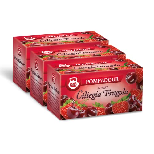 Pompadour , Infuso Ciliegia e Fragola, 60 Filtri (3 Confezioni da 20 Filtri), Dolce e Fruttato, Piace anche ai Bambini, Senza Lattosio, Glutine e Allergeni, Vegan