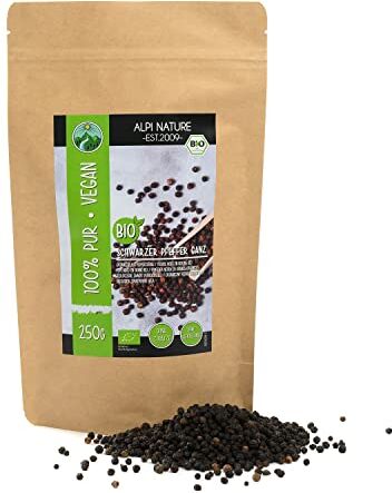 Alpi Nature Pepe nero biologico intero (250g), pepe nero in grani 100%, pepe nero da coltivazione biologica controllata, senza glutine, senza lattosio, testato in laboratorio