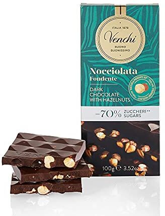 Venchi Tavoletta di Cioccolato Nocciolato Fondente -70% di Zuccheri, 100g Senza Glutine