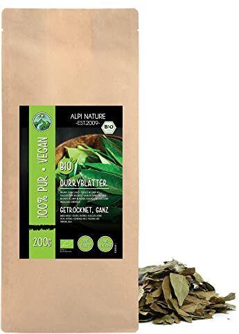 Alpi Nature Foglie di curry biologiche, foglie di curry bio essiccate, foglie di curry da coltivazione biologica controllata, foglie di curry 100% naturali, senza additivi (200 GR)