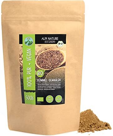 Alpi Nature Cumino macinato biologico (500g), cumino biologico in polvere, chicchi di cumino macinato da coltivazione biologica controllata, cumino in polvere