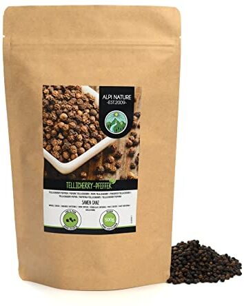 Alpi Nature Pepe Tellicherry (500g), grani di pepe nero Tellicherry da coltivazione controllata, testato in laboratorio, puro al 100% e naturale