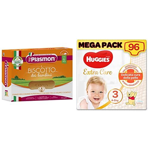 Plasmon Biscotto Classico 720 g (6 Confezioni) + Huggies Extra Care Pannolini, Taglia 3 (4-9 Kg), Confezione da 96 Pannolini