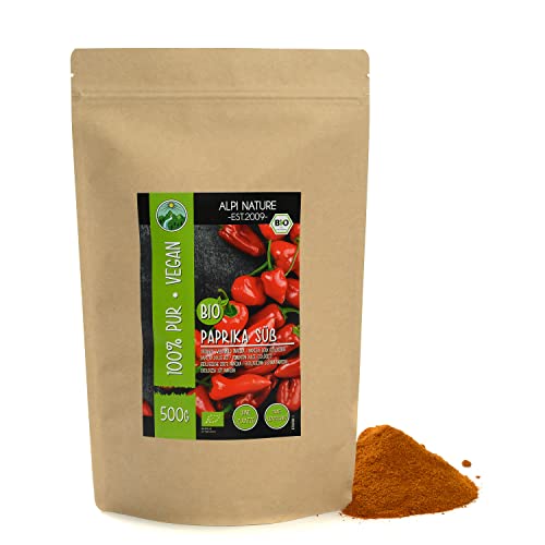 Alpi Nature Paprika dolce biologica (500g), paprika dolce macinata biologica, polvere di paprika biologica da agricoltura biologica certificata, senza glutine, senza lattosio, testata in laboratorio