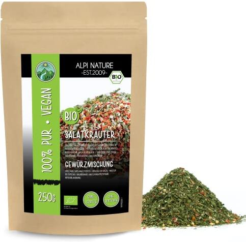 Alpi Nature Condimento per insalata biologico, miscela di erbe e spezie per insalata bio, 100% naturale, ingredienti biologici, preparazione di spezie per insalata, senza additivi artificiali (250 GR)