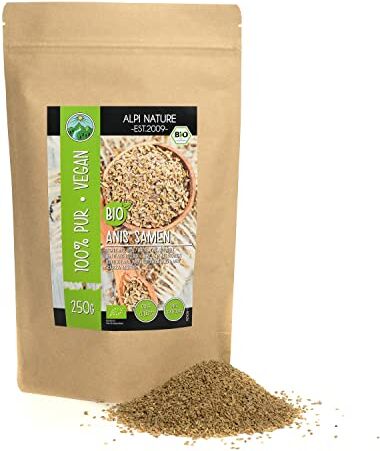 Alpi Nature Anice biologico intero (250g), semi di anice, da coltivazione biologica controllata, senza glutine, senza lattosio, testato in laboratorio, vegano, 100% naturale senza additivi, tè all'anice