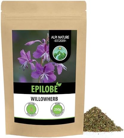 Alpi Nature Epilobio (250g), Tisana al salice con piccoli fiori, tagliata, delicatamente essiccata, pura al 100% e naturale per la preparazione del tè, Epilobe