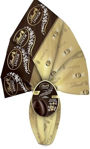 Lindt LINDOR Uova di Pasqua di Cioccolato Fondente, Uovo al Cioccolato Fondente 70% cacao con Praline LINDOR e Sorpresa, 320g