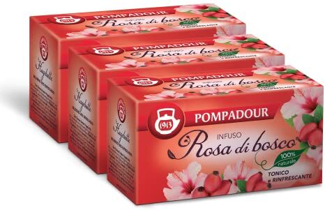 Pompadour , Infuso Rosa di Bosco®, 60 Filtri (3 Confezioni da 20 Filtri), Tonico e Rinfrescante, 100% Naturale, Senza Lattosio, Glutine e Allergeni, Vegan, 210 grammo, 3