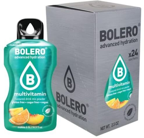 Bolero Drink 24 Bustine 3 gr grammi Sticks Frutta Preparato Polvere Solubile Per Bevanda Fresca in Acqua Prodotto, 72 grammi dolcificato alla stevia (Multivit)