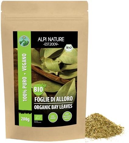 Alpi Nature Foglie di alloro bio essiccate (200g), foglie di alloro bio tagliate, foglie di alloro da coltivazione biologica controllata, testate in laboratorio, pure e naturali al 100%