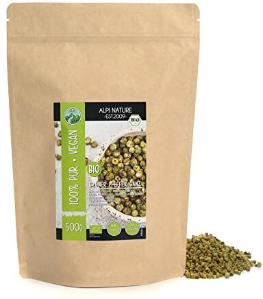 Alpi Nature Pepe verde biologico (500g), pepe verde biologico in grani, pepe verde da coltivazione biologica controllata, pepe verde biologico testato in laboratorio, puro al 100% e naturale