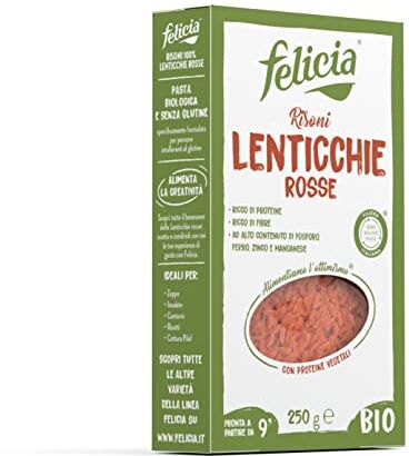 felicia , Risoni di Lenticchie Rosse, Pasta Biologica Ricca di Proteine, di Fibre e Sali Minerali, Alto Contenuto di Fosforo, Ferro e Zinco, Vegan, Confezione da 250 g