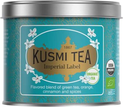 KUSMI TEA Label Impérial Bio Miscela aromatizzata di tè verde biologico, arancia, cannella e spezie Lattina di metallo da 100 g Circa 40 tazze