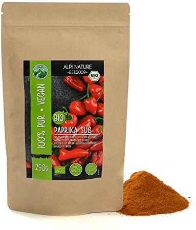 Alpi Nature Paprika dolce biologica (250g), paprika dolce macinata biologica, polvere di paprika biologica da agricoltura biologica certificata, senza glutine, senza lattosio, testata in laboratorio