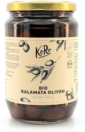 KoRo Olive Kalamata bio con nocciolo 400 g gusto unico olive naturali in salamoia originali dalla Grecia ideali per antipasti e aperitivi