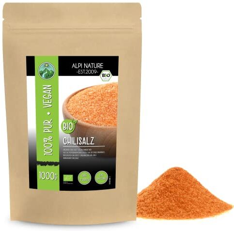 Alpi Nature Sale al peperoncino biologico (1kg), sale gourmet Fleur de Sel con peperoncino Bird's Eye biologico, paprika biologica e aglio biologico, spezie per grigliate