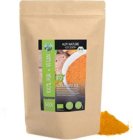 Alpi Nature Curcuma biologica in polvere 500g con almeno il 5% di curcumina, curcuma in polvere da coltivazione biologica controllata, senza glutine, senza lattosio, testata in laboratorio, vegana