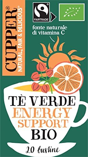 CUPPER Tè Verde Energy Support Biologico e Fairtrade con Arancia, Acerola, Guaranà e Matcha 20, Filtri 100% Biodegradabili, Confezione da 20 Bustine