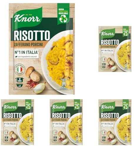 Knorr Risotto con Zafferano e Funghi Porcini, Risotto Pronto con Ingredienti Naturali, 100% Riso Italiano e Chicci al Dente, Preparazione in Pentola o al Microonde, 175g, 2 Porzioni (Confezione da 5)