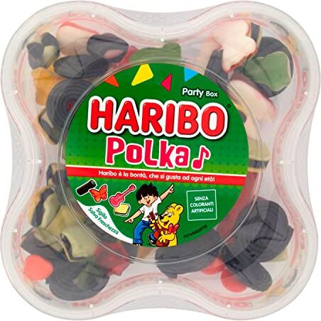 HARIBO Polka Party Box, Caramelle Gommose, Gusto Frutta e Liquirizia, Ideali per Feste e Dolci Momenti di Relax 500gr